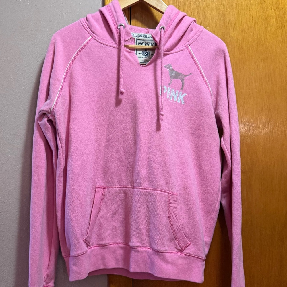 PINK Victoria's Secret Small Hoodie Graphic Sweatshirt White Peacesign Logo Y2K - Picture 6 of 15